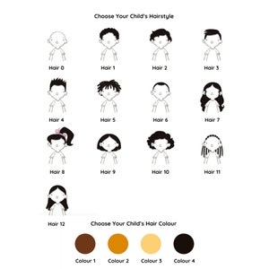 May include: A chart with 13 different hairstyles for children, labeled "Hair 0" through "Hair 12". Below the hairstyles is a chart with four different hair colors, labeled "Colour 1" through "Colour 4".