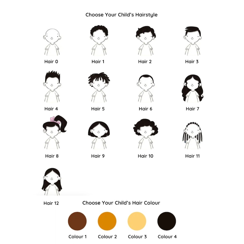 May include: A chart with 13 different hairstyles for children, labeled "Hair 0" through "Hair 12". Below the hairstyles is a chart with four different hair colors, labeled "Colour 1" through "Colour 4".