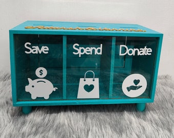 Handgefertigtes MDF und Acryl Save Spend Donate Sparschwein für Erwachsene und Kinder