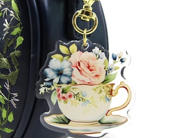 Watercolor Roses Teacup Keychain: Gold Heart Charm