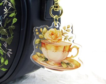 Teacup Keychain: Yellow Rose Floral Design, Gold Heart Clasp