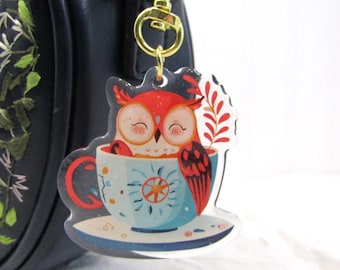 Owl Teacup Keychain: Glitter Acrylic Charm, Gold Heart Clasp