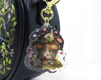 Mushroom Acrylic Keychain: Fairy House, Gold Heart Clasp