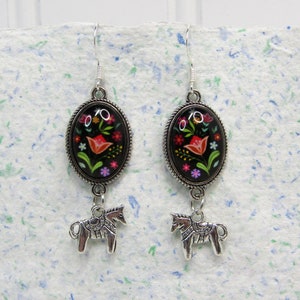 Swedish Dala Horse Earrings | Scandinavian Folk Art Jewelry with Dalmålning Floral Motif
