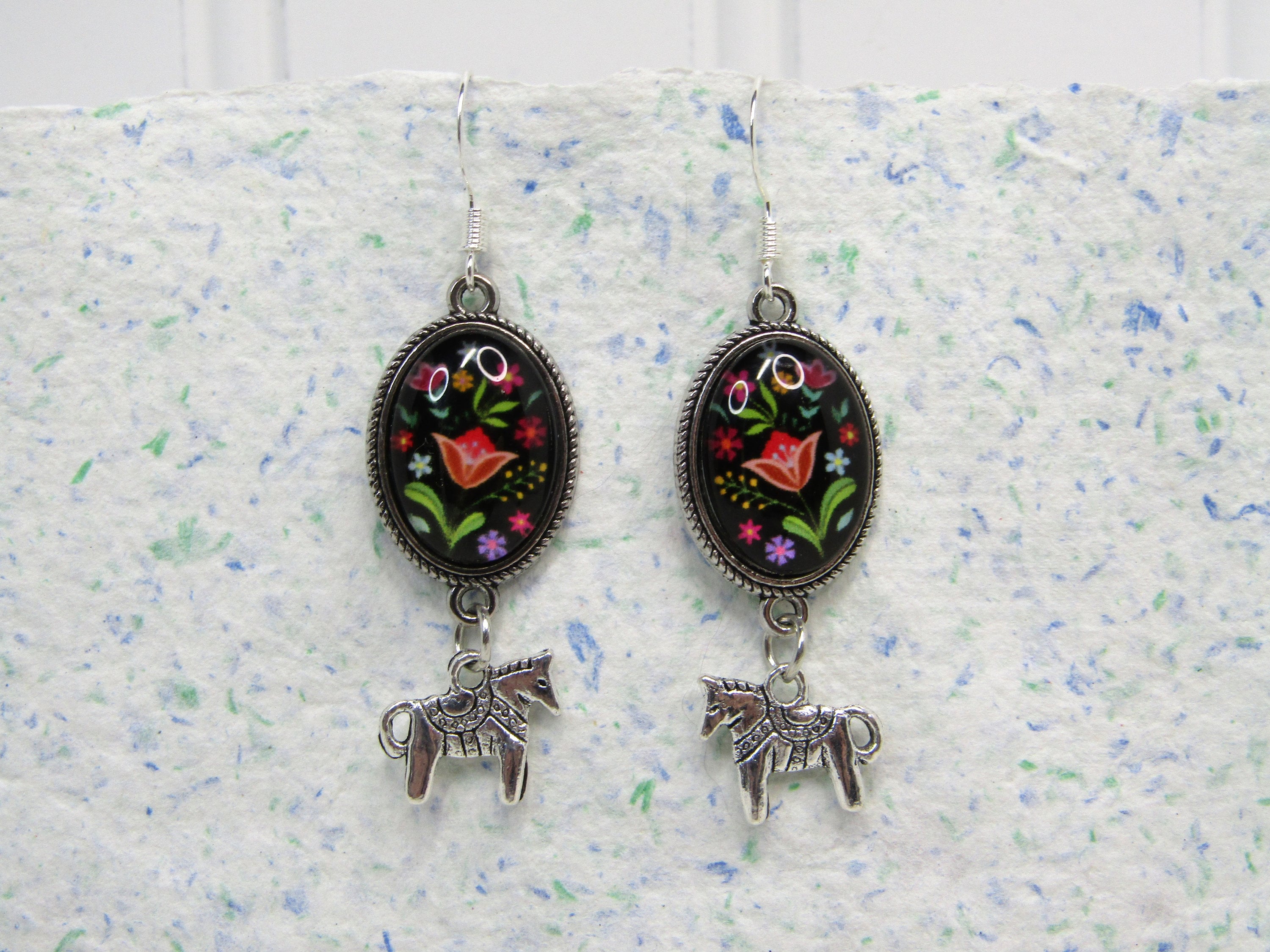 Swedish Dala Horse Earrings - Dalmålning Floral Motif in Silver Tone Bezel - Scandinavian / Nordic / National Dress / Folkdräkt / Folk Dress