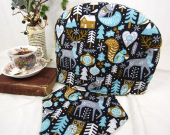 Nordic Tea Cozy with Teapot Coaster: Woodland Animal Flannel