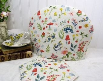 Tea Cozy - Cheerful Flower Garden and Meadow Motif Drop-Over w/ Teapot Coaster