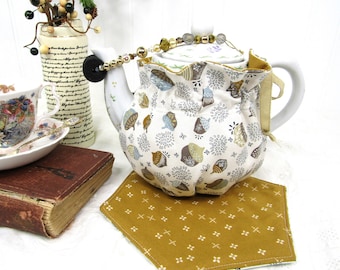 Reversible Acorn Woodland Wrap-Around Tea Cozy for 24 - 30 ounce teapots, comes with matching teapot coaster and drip catcher