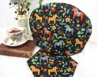 Swedish Dala Horse Tea Cozy with Teapot Coaster - Nordic Hygge Decor