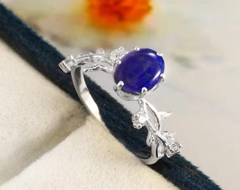 Lapis Lazuli Leaf Ring: Sterling Silver & Moissanite Accent, Christmas Gift, New Year