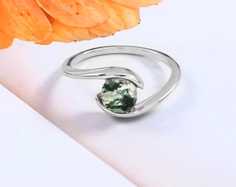 Genuine Moss Agate Sterling Silver Ring, Handmade Artisan Nature inspired Jewelry, Gift for Wife