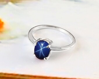 Genuine Blue Star Sapphire: 925 Sterling Silver, Handmade Dainty Jewelry, Birthday Gift for Her