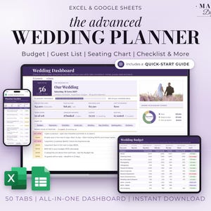 May include: An advanced wedding planner digital template for Excel and Google Sheets by Mapora Digital Studio. Includes a wedding dashboard, budget tracker, guest list, seating chart, checklist, and a quick-start guide with 50 tabs.
