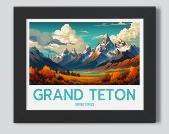 Grand Teton Beautiful Day Wyoming United states Travel Poster Print Wall Art Home Décor gift Artwork Lover Digital Download