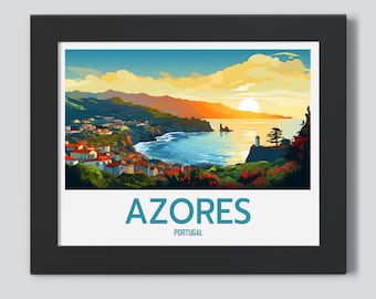 Azores Portugal at Sunset Cityscape Travel Poster Print Wall Art Home Décor gift Artwork Lover Digital Download