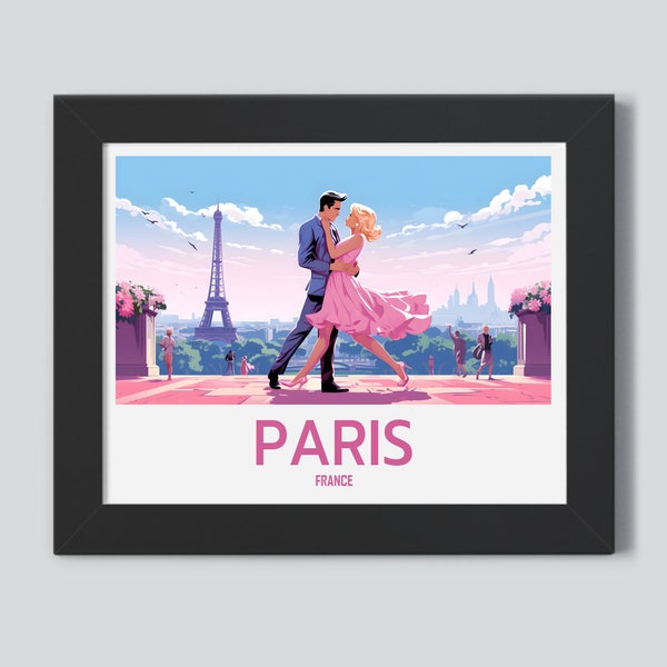 Paris France Eiffel Tower Barbie and Ken Dancing Travel Poster Print Wall Art Home Décor gift Artwork Lover Digital Download