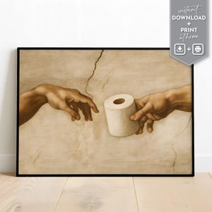 Arte divertido de baño de Miguel Ángel, parodia de La creación de Adán, descarga digital de humor sobre papel higiénico, decoración renacentista peculiar, póster de pared.