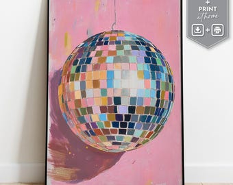 ミラーボールのウォールアートは、大胆な色彩で手描きされたディスコボールの絵柄が特徴で、ディスコボールのポスター好きやレトロなインテリア好きに最適です。デジタルダウンロード。
