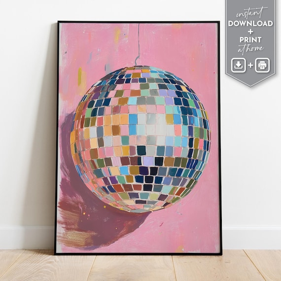 Mirrorball wall art with hand drawn disco ball painting in bold colors perfect for disco ball poster lovers and retro decor digital download
