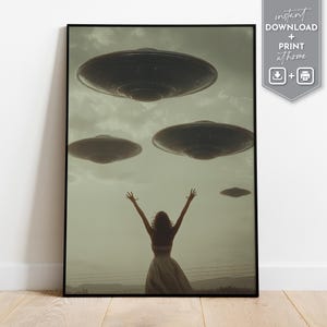Cinematic UFO poster with girl silhouette and flying saucers perfect for moody sci-fi apartment wall decor and alien aesthetic art gift