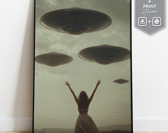 Póster cinematográfico de ovnis, silueta de niña, arte alienígena (descarga digital)