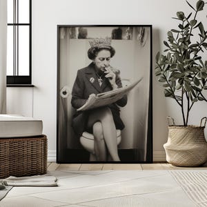 May include: Black and white framed print of a person wearing a crown and blazer, seated on a toilet while reading a newspaper. The image is in a bathroom setting, with a roll of toilet paper visible. A plant in a woven basket is in the background.