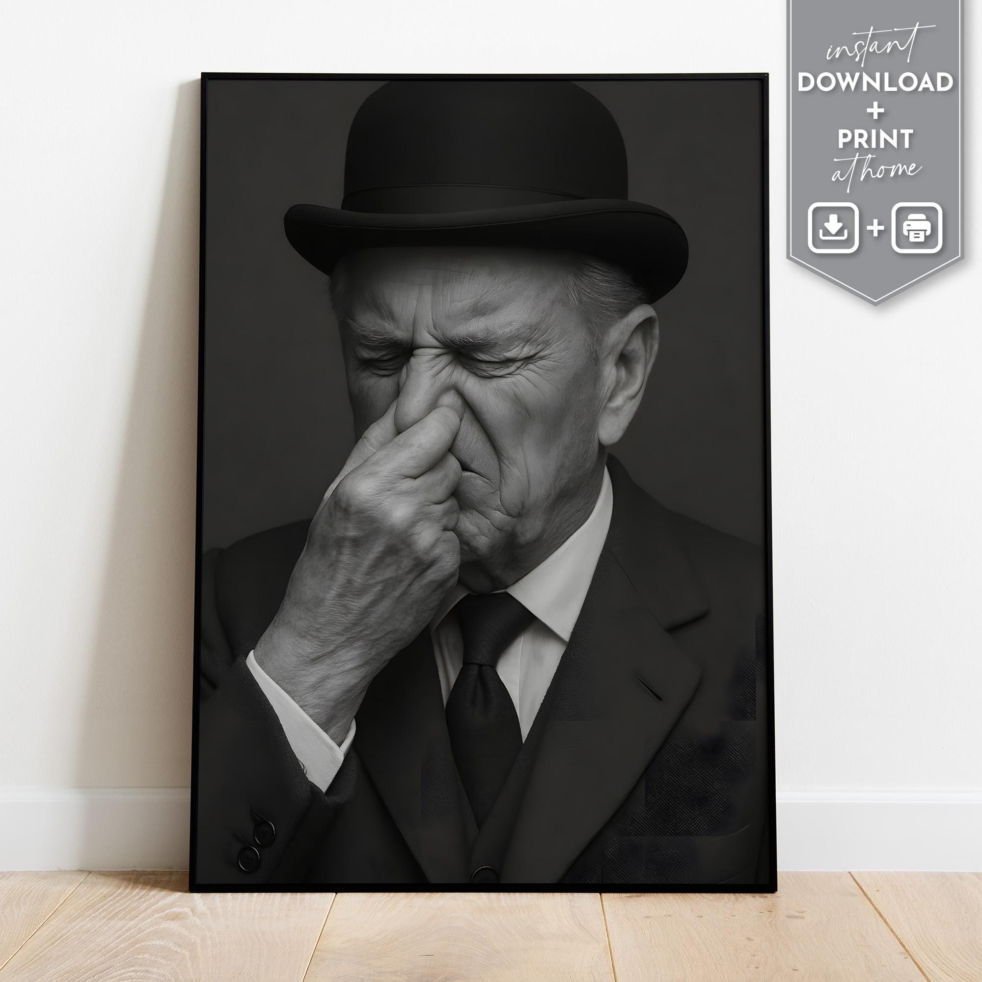 Funny Prince Philip Toilet Poster, Black and White Nose Holding Portrait, Quirky Gentleman Bathroom Art, Digital Download Wall Decor, Print