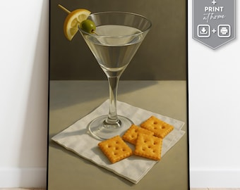 Martini and Cheese Crackers Still Life Art, Bar Cart Decor (Digital Download)