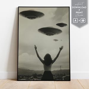 Vintage UFO poster for apartment wall decor featuring woman and flying saucers in retro sci-fi style perfect for statement spaces girly gift