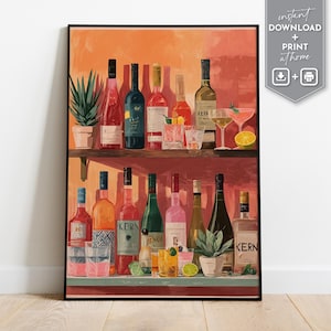 Cocktail bar poster featuring colorful liquor bottles and drinks perfect for a vintage bar poster stylish bar cart prints digital download
