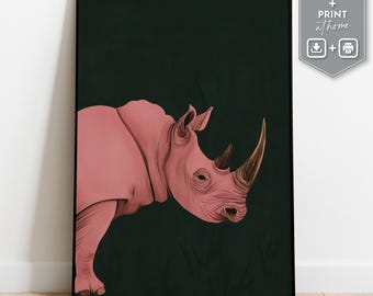 Pink Rhino Art Print | Emerald Green, Modern Safari (Digital Download)