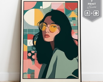 Pop Art Woman Portrait Print | Retro Sunglasses, Bold Colors (Digital Download)