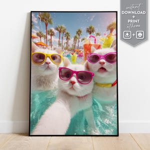 Funny cat art print with white kittens in sunglasses at a pool party perfect cat lover gift cat gift pet portrait decor digital download