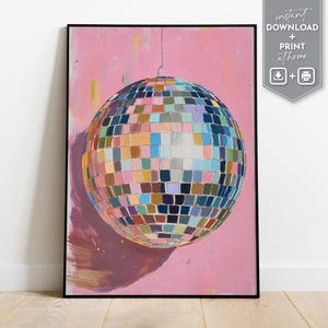Mirrorball wall art with hand drawn disco ball painting in bold colors perfect for disco ball poster lovers and retro decor digital download