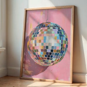 Mirrorball wall art with hand drawn disco ball painting in bold colors perfect for disco ball poster lovers and retro decor digital download image 5