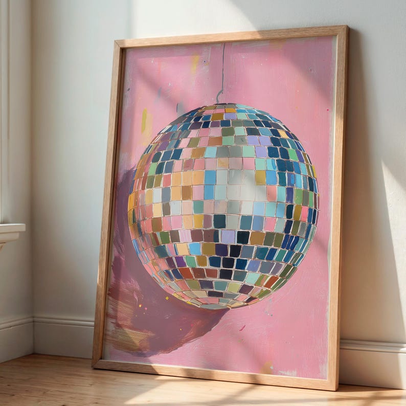 Mirrorball wall art with hand drawn disco ball painting in bold colors perfect for disco ball poster lovers and retro decor digital download image 5