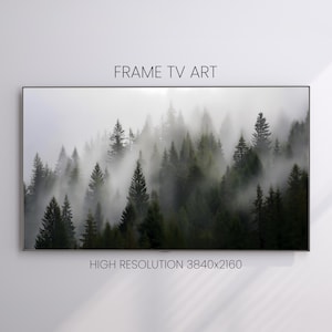 Frame TV Art - Misty Pine Forest Frame TV Art in 4K and 8K Moody Foggy Woodland Digital Landscape for Samsung Display Fog in Forrest