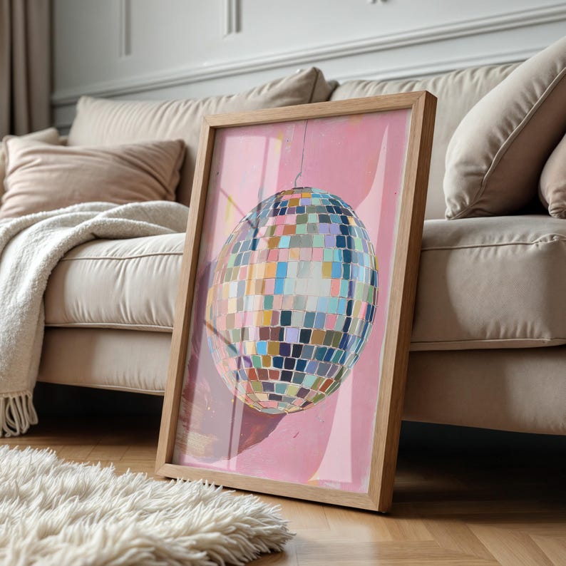 Mirrorball wall art with hand drawn disco ball painting in bold colors perfect for disco ball poster lovers and retro decor digital download image 2