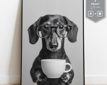 Funny German Shepherd Coffee Print, Black and White Dog Wall Art (Digital Download)