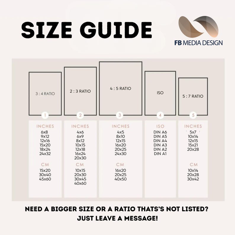May include: A beige size guide chart with the text "SIZE GUIDE" at the top. It lists dimensions in inches and centimeters for various aspect ratios, including 3:4, 2:3, 4:5, ISO, and 5:7. The chart also includes the text "FB MEDIA DESIGN".