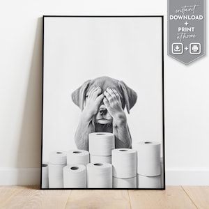 Funny Labrador Bathroom Art, Black & White Printable Decor, Quirky Toilet Paper Humor Poster, Rustic Farmhouse Digital Download, Poster Gift