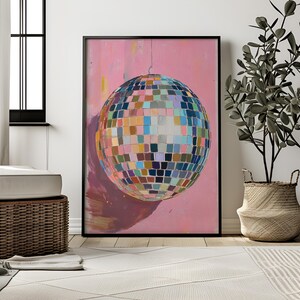 Mirrorball wall art with hand drawn disco ball painting in bold colors perfect for disco ball poster lovers and retro decor digital download image 4