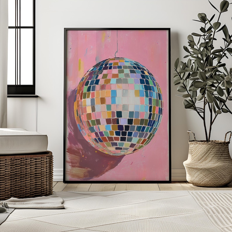 Mirrorball wall art with hand drawn disco ball painting in bold colors perfect for disco ball poster lovers and retro decor digital download image 4