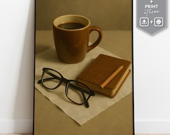 Stampa artistica di natura morta con caffè e libri, ideale per un accogliente angolo lettura (download digitale)