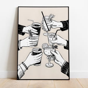 Proost drankjes kunst aan de muur afdrukbare, cocktailglazen hand tekening, zwart-wit bar decor poster, minimalistische partij digitale download