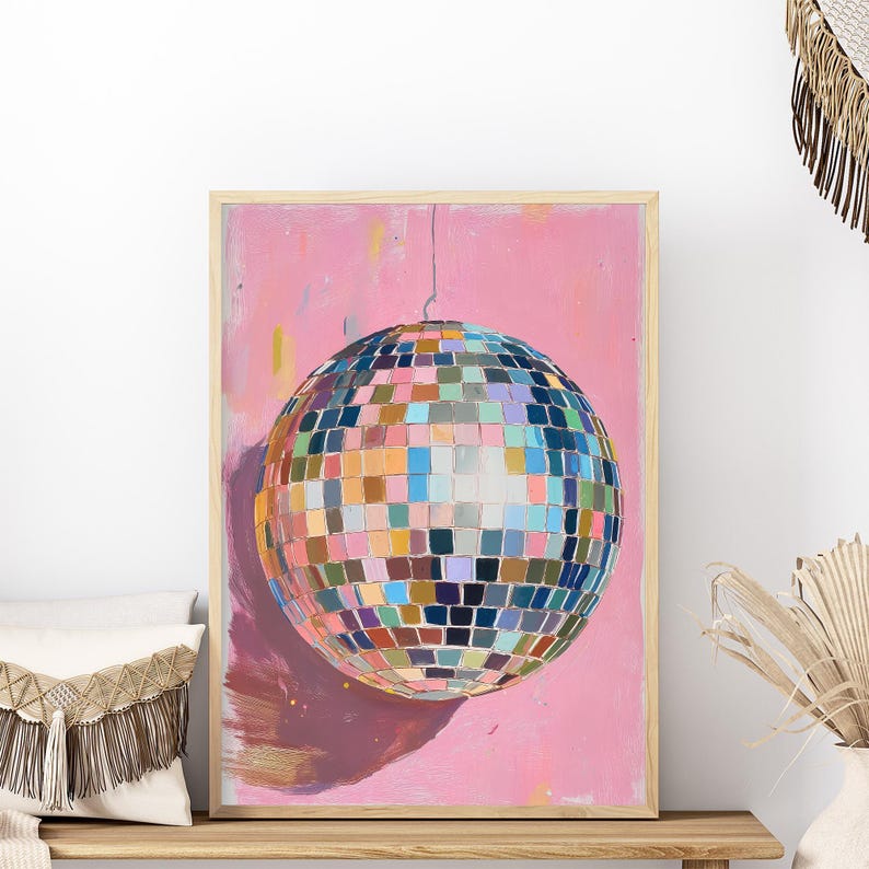 Mirrorball wall art with hand drawn disco ball painting in bold colors perfect for disco ball poster lovers and retro decor digital download image 7