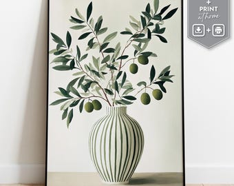 Stampa artistica da parete per cucina mediterranea con vaso a strisce verdi e ramo d'ulivo