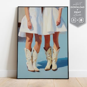 Girly cowgirl boot print blue western poster for trendy apartment art and feminine western gallery wall decor digital download