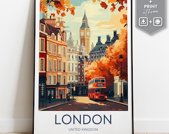 London Travel Poster, Vintage United Kingdom Wall Art, Digital Download City Print, Retro London Double-Decker Bus, Big Ben, Print at Home