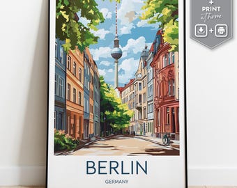 Berlin Travel Poster, Vintage Germany Wall Art, Digital Download City Print, Retro Berlin Street, TV Tower Illustration, Print at home Gift